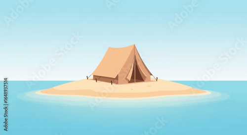 Cartoon illustration of a camping tent pitched on a tiny desert island in the sea