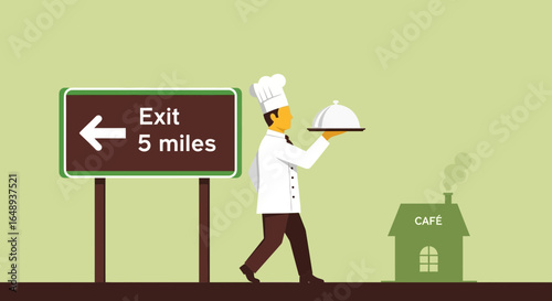 Chef Delivering Meal Near Roadside Exit Sign Leading To Cozy Cafe