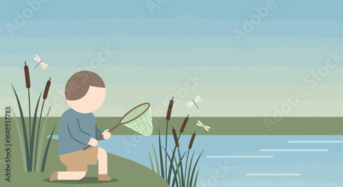 Child Pursuing Dragonflies With A Net By The Lakeside In Summertime