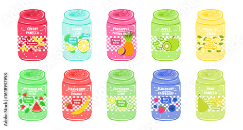 Set of sodas in aluminum cans with different flavors. Vector illustration in hand drawn style. Soft drinks for advertising, posters, packaging and merch