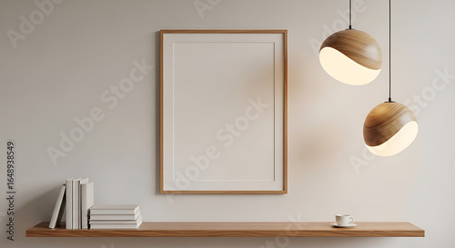 Modern interior design with blank frame and pendant lights