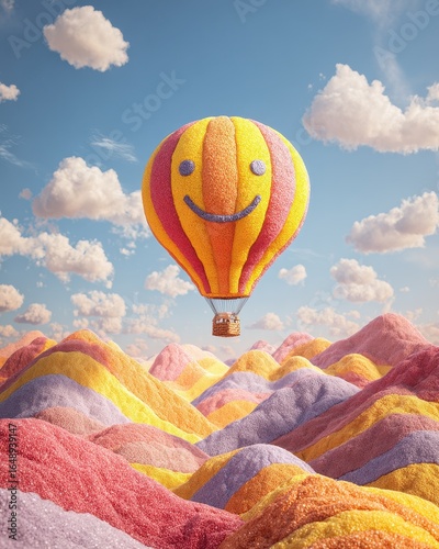 Happy hot air balloon soars over colorful hills