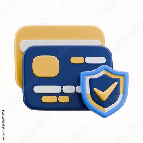 Close up of two credit cards with a blue shield and yellow checkmark on a white background