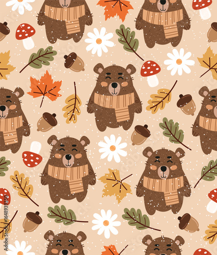 Autumn bear pattern on a brown background.