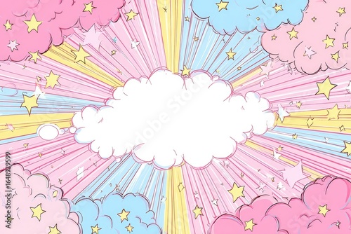 Pastel-colored comic book style clouds with radiating light rays and stars