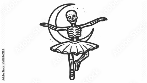 Skeleton ballerina in a tutu dancing in front of a crescent moon with small stars in the background silhouette