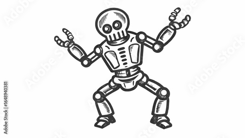 Sketch style illustration of a skeleton robot with arms raised and bent legs on a white background silhouette