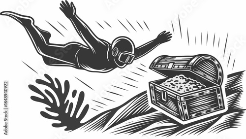 Illustration of a diver swimming towards an open treasure chest filled with coins underwater treasure hunt silhouette
