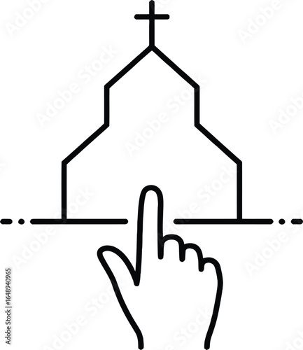 Church Building Icon With Cross and Hand Pointing Up on Transparent Background