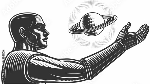 Stylized illustration of a humanoid robot extending its arm towards the planet saturn in space silhouette
