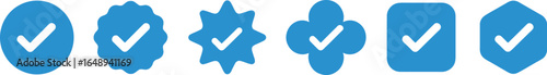 Blue Check Marks in Different Shapes, Icons, Modern Design on White Background