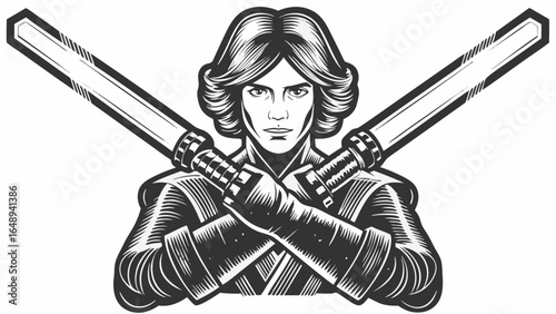 Monochromatic illustration of a person with crossed lightsabers in a determined stance design art silhouette