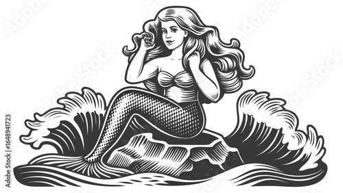 A mermaid with long wavy hair sitting on a rock amidst stylized waves holding a seashell to her ear silhouette