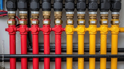 A close-up of a geothermal heat pump manifold with insulated piping, side-lit in a clean utility room