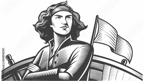 Illustration of a confident pirate captain with crossed arms on a ship with a waving flag at sea view silhouette