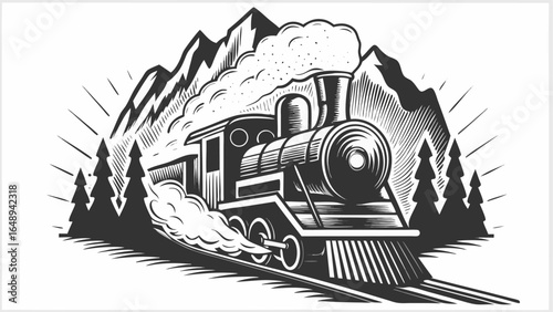 Vintage steam train chugging through a mountainous landscape with tall trees and billowing smoke design silhouette