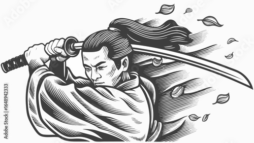 Illustration of a samurai warrior wielding a katana sword with falling leaves in a dynamic composition silhouette