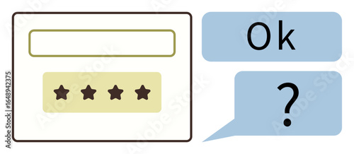 Rating form featuring text field and star review followed by blue speech bubbles with Ok and text. Ideal for feedback, survey, evaluation, interaction, customer service, ratings, simple flat