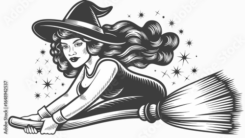 Vintage style illustration of a witch flying on a broomstick with stars around her in black and white silhouette