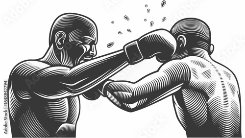 Two boxers engaged in a boxing match with one connecting a punch and sweat flying in monochrome style silhouette