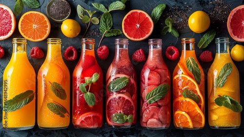 Fresh Fruit and Vegetable Smoothies in Bottles Surrounded by Colorful Natural Ingredients for Healthy Drink and Detox Concepts