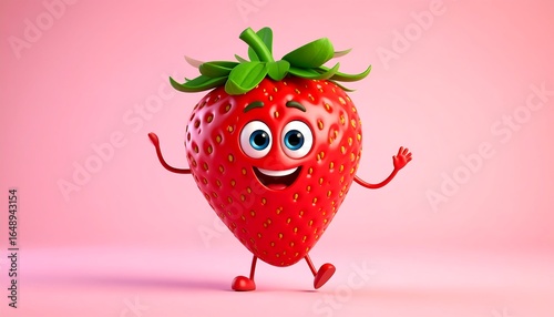 Cheerful Animated Strawberry Character with Big Eyes and a Friendly Wave