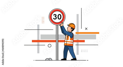 Construction Worker Installing a Speed Limit Sign on Roadside Illustration
