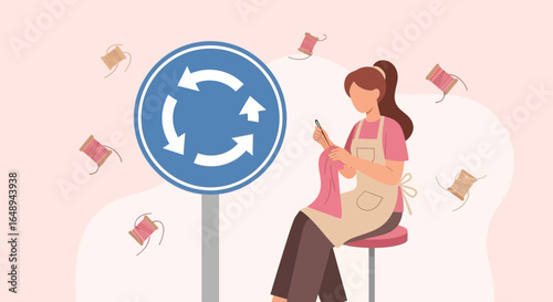 Circular Fashion Concept Woman Sewing Sustainable Clothing Near Recycle Symbol