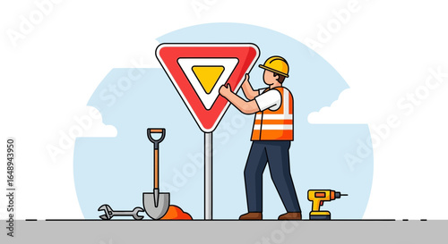 Construction Worker Installing A Yield Sign On The Roadside Warning Concept