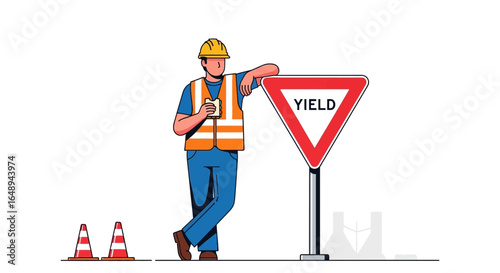 Construction Worker Leaning on Yield Sign Taking Break at Site Project
