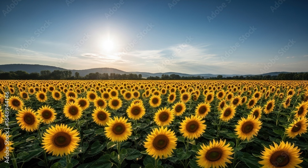 Obraz premium Sunflowers field at sunset. Vast field of bright yellow sunflowers, facing the setting sun, fills the foreground and middle ground