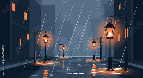 City Street In The Rain With Reflections And Vintage Streetlights