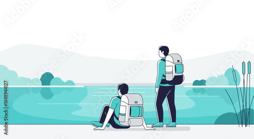 Contemplative Couple Exploring Scenic Lakeside Destination With Backpacks