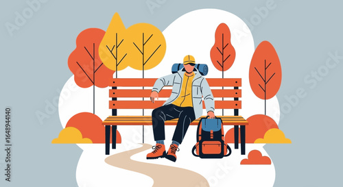 Contemplative Hiker Taking a Break On a Park Bench During His Hiking Journey