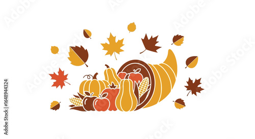 Cornucopia Symbolizing Autumn Harvest With Colorful Leaves On White Backdrop