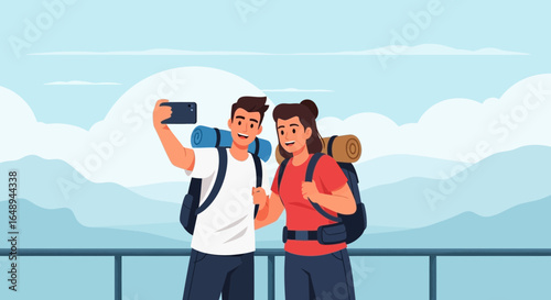 Couple Capturing Adventure Moments During Their Hiking Trip With A Smartphone