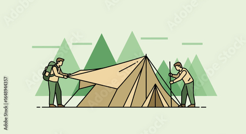 Couple building a tent in nature vector illustration for outdoor adventure theme design