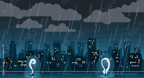Cityscape Under A Rainy Night Dark Mood With Dramatic Overcast