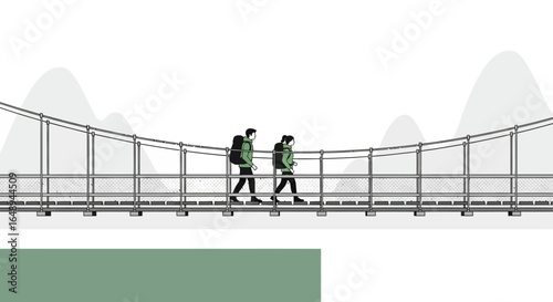 Couple Enjoying a Scenic Hike Crossing Suspension Bridge in the Mountains