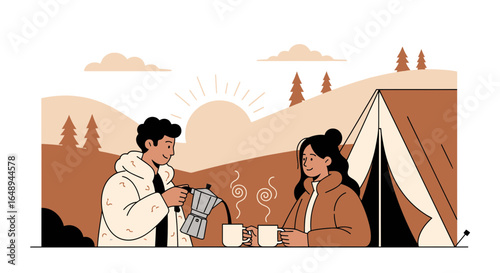 Couple Enjoying Coffee At Campsite Amidst Nature In Minimalist Vector Illustration