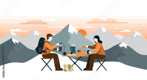 Couple Enjoying Coffee And Croissant During Hiking Trip In Mountainous Landscape