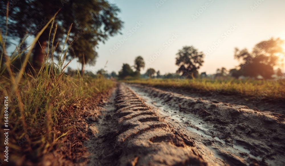 Fototapeta premium Dirt road tire tracks at sunset