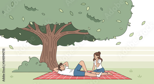 Couple Enjoying Relaxing Picnic Under Big Tree On Sunny Day Illustration