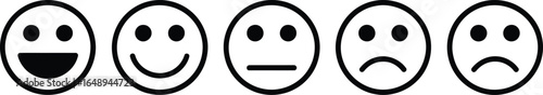 Line Art Emoticons Set, Black Happy Sad Expression Mood Icons With Transparent Background