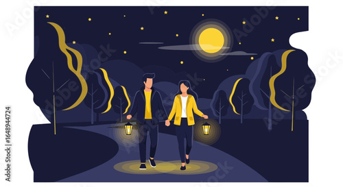 Couple Enjoying Romantic Evening Stroll Under Moonlight With Lanterns In Nature