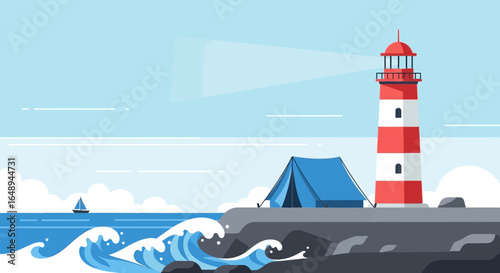 Coastal Adventure Featuring Lighthouse Camping and Ocean View Landscape Minimalist Style