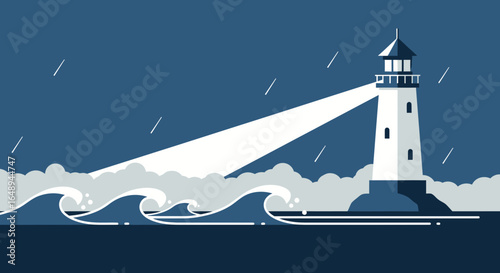 Coastal Beacon Shining Brightly In The Stormy Sea As A Navigation Symbol