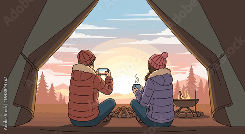 Couple Enjoying Sunrise From Tent During Camping Trip In The Mountains