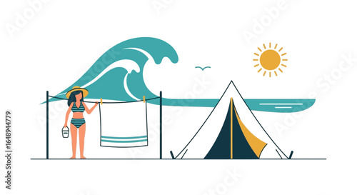 Coastal Camp Scene Showing Summer Activities With Beach Scene Elements