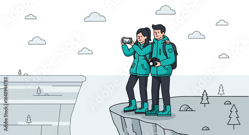Couple Enjoying The Mountain View And Capturing Memories On Their Adventure